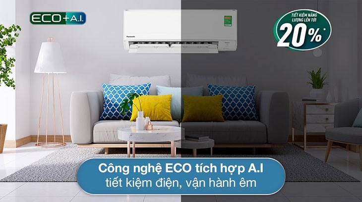 Điều hòa Panasonic Inverter 1.5 HP CU/CS-PU12ZKH-8M có chế độ ECO tích hợp A.I tinh chỉnh mức công suất và thời gian làm lạnh sao cho không gian phòng luôn mát lạnh