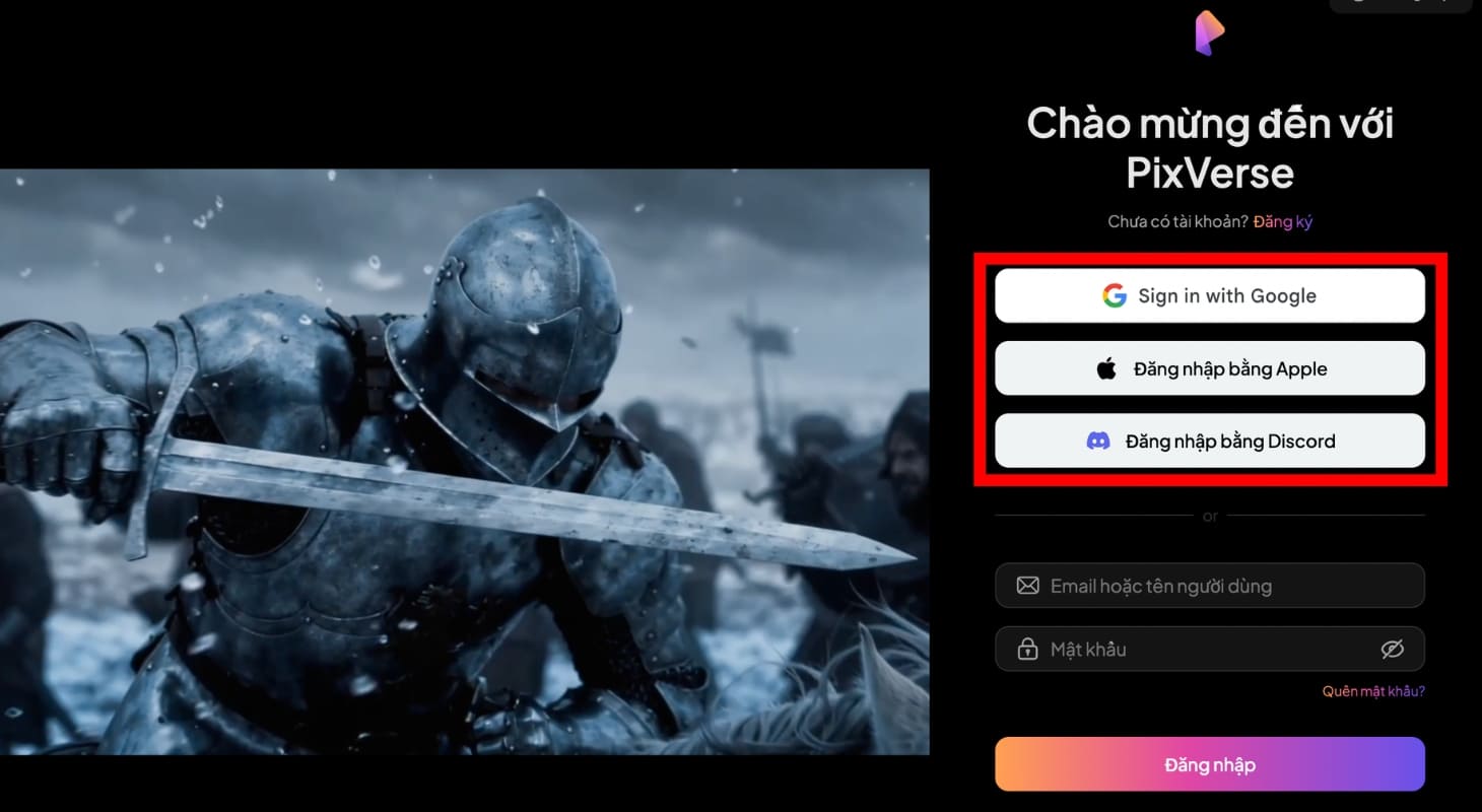 Bạn có thể đăng nhập vào PixVerse bằng Google, ID Apple hay Discord