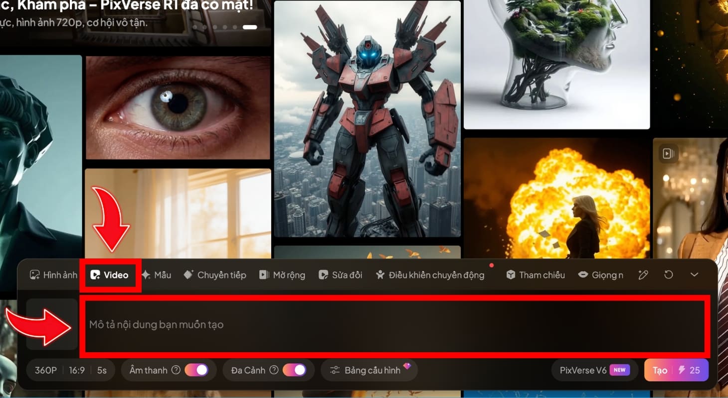 Nhập câu lệnh mô tả video vào khung chat của PixVerse