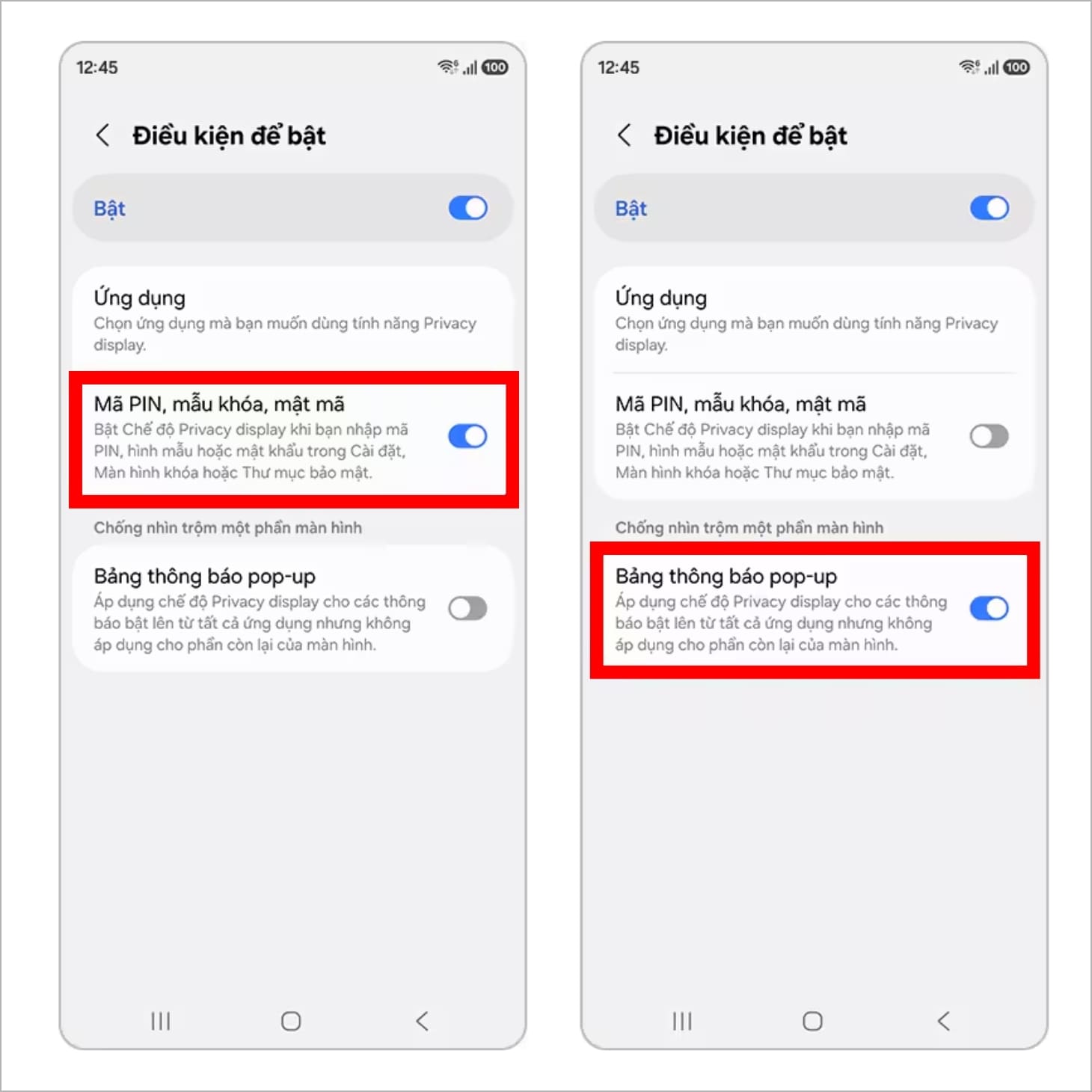 Bạn có thể tùy chỉnh Privacy Display cho phần mã hóa, mã PIN và thông báo Pop-up