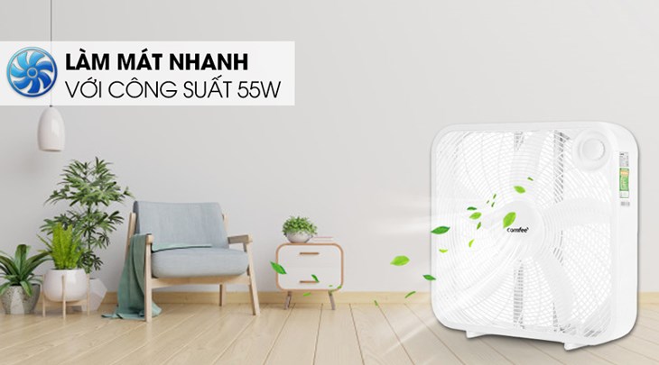 Quạt hộp Comfee CF-BF5016VH hoạt động với công suất 55W, giúp làm mát bầu không gian phòng một cách nhanh chóng