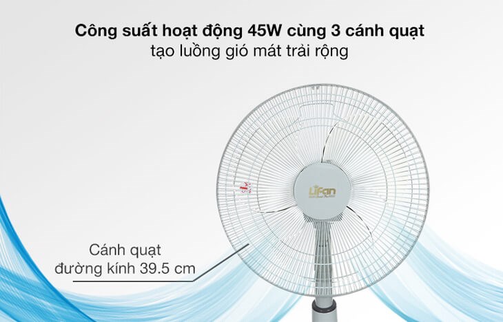 Quạt lửng Lifan QL-216 có công suất 45W với 3 cánh quạt đường kính 39.5 cm, giúp tạo luồng gió mạnh, làm mát hiệu quả cho không gian