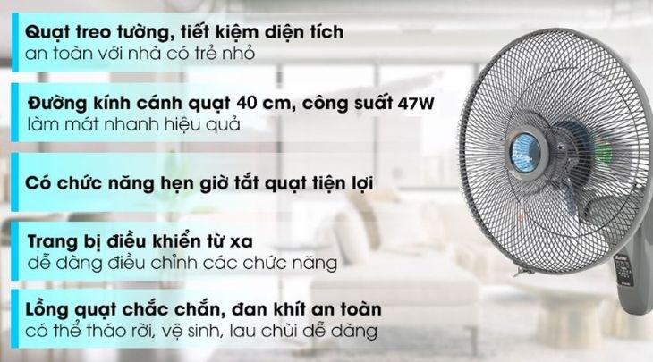 Quạt treo Mitsubishi W16-RA CY-GY sở hữu công suất 47W kết hợp động cơ bạc đạn, giúp tạo lưu lượng gió mạnh mẽ mà vẫn đảm bảo hoạt động êm ả