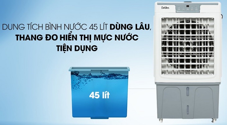 Quạt điều hòa Delites DEL-AC45AR sở hữu dung tích chứa nước lên tới 45 lít