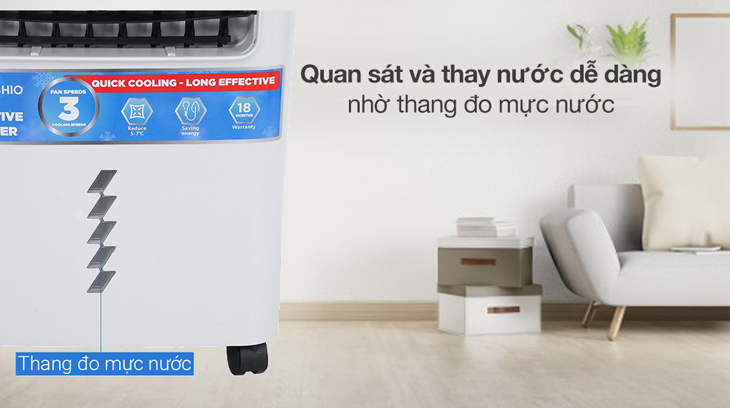 Thân máy của quạt điều hòa Mishio MK-267 được thiết kế thang đo hiển thị mực nước giúp người dùng dễ dàng quan sát