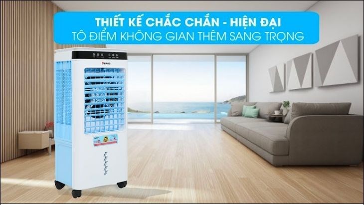 Quạt điều hòa Rapido 6000D có sự kết hợp màu trắng xanh mát mắt, giúp tô điểm thêm cho không gian gia đình bạn