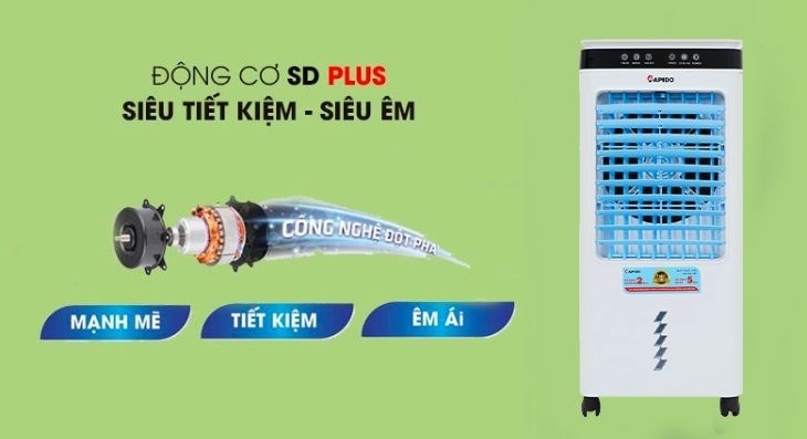 Quạt điều hòa Rapido 6000D hoạt động bằng động cơ SD Plus cho hiệu quả làm mát cao đồng thời tiết kiệm điện năng