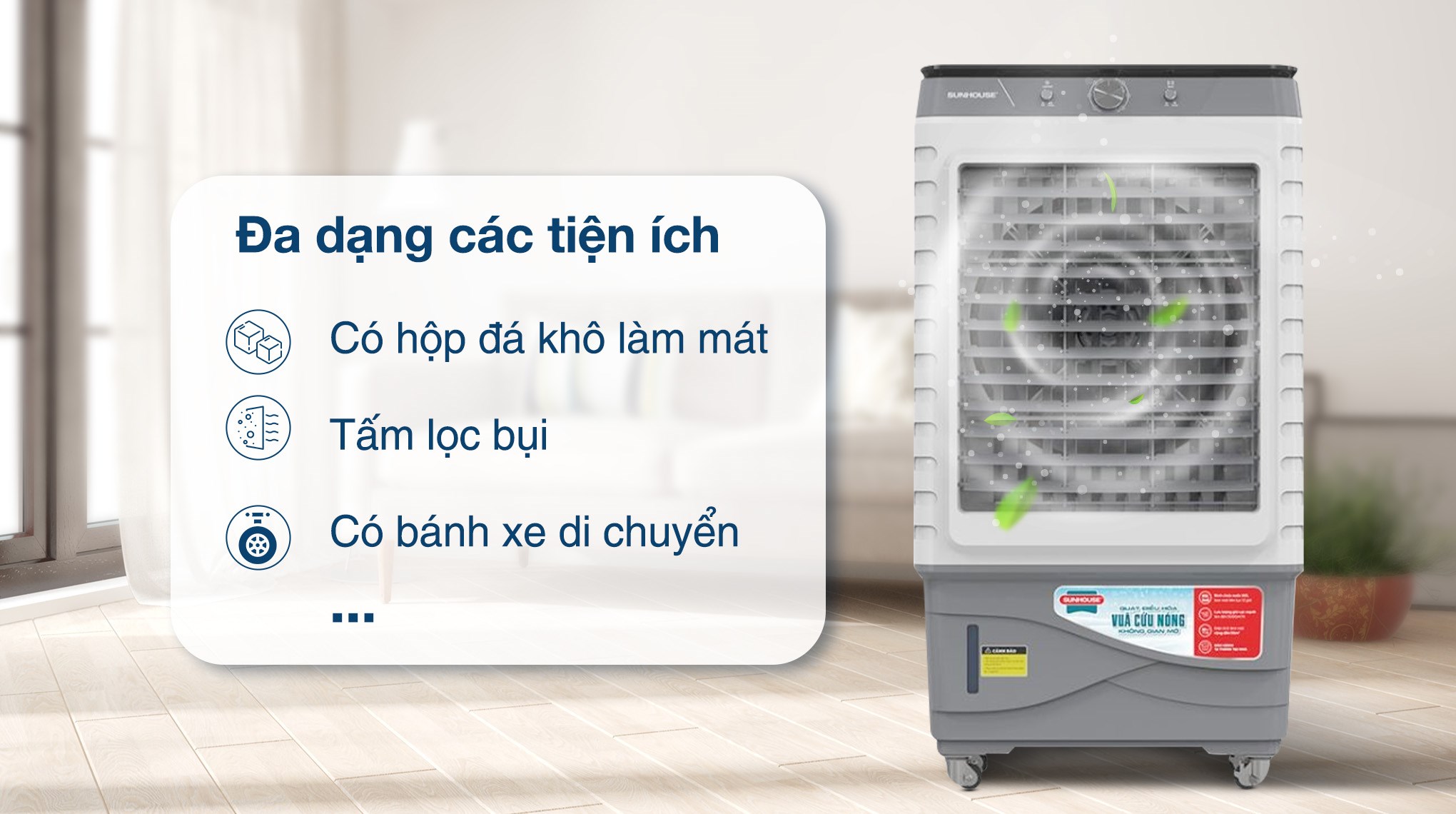 Quạt điều hòa Sunhouse SHD7798 190W có hộp đá khô làm mát giúp giảm nhiệt độ không khí hiệu quả