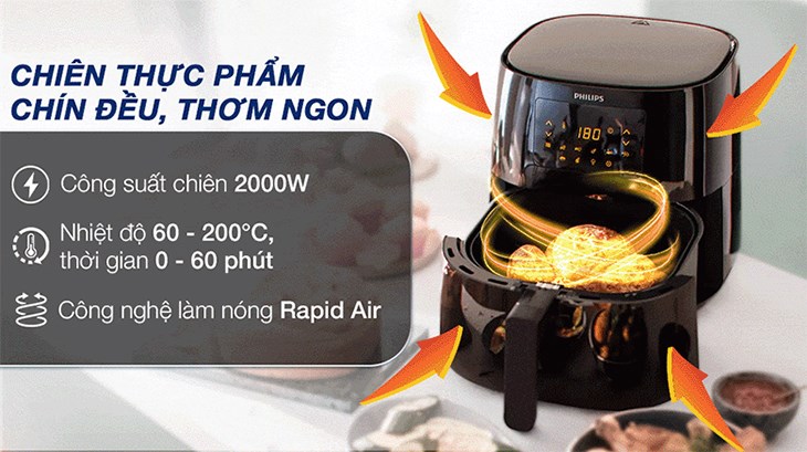 Nồi chiên không dầu Philips HD9270/90 6.2 lít có công suất nướng lên đến 2000W giúp nấu nướng được nhanh hơn