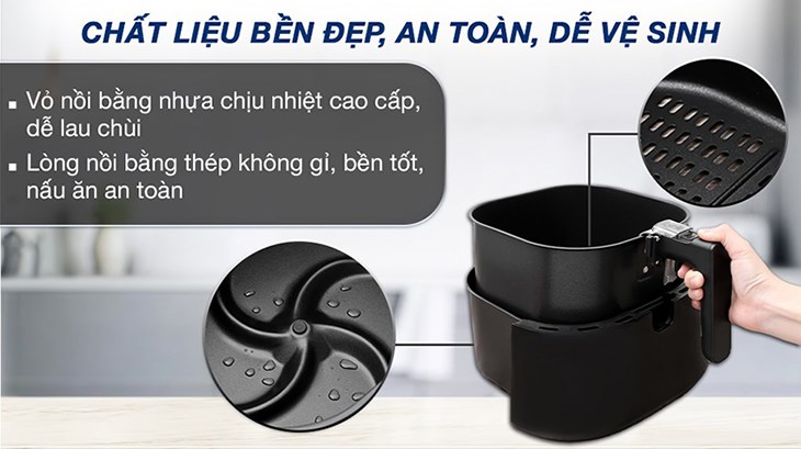 Nồi chiên không dầu Philips HD9270/90 6.2 lít có vỏ ngoài được làm bằng nhựa cao cấp bền bỉ và dễ dàng vệ sinh