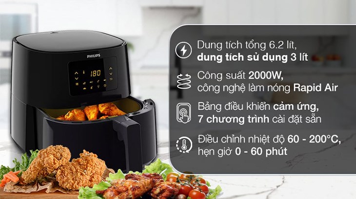 Nồi chiên không dầu Philips HD9270/90 6.2 lít sở hữu công nghệ Rapid Air giúp việc nướng thức ăn nhưng không dùng quá nhiều dầu