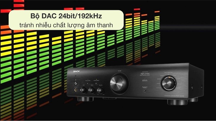 Amply DENON PMA600NEBKE2 được trang bị bộ DAC 24bit/192kHz giúp âm thanh tránh bị nhiễu, bóp méo mà phát ra chất âm chân thực, sắc nét
