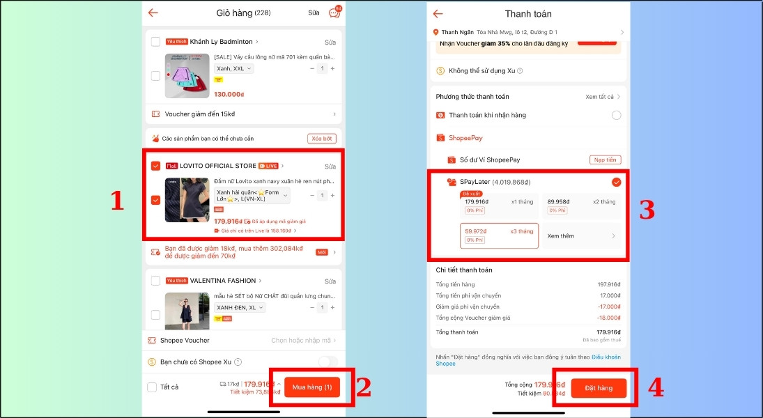 Chọn sản phẩm cần mua, sau đó bấm Thanh toán, chọn phương thức thanh toán là SPayLater kèm kỳ hạn phù hợp