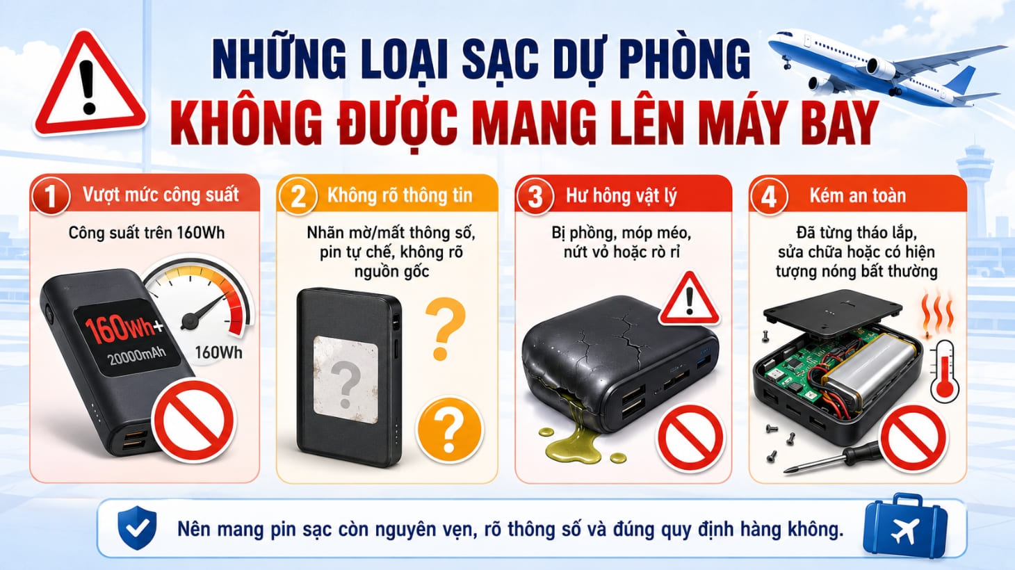 Các loại sạc dự phòng không được mang lên máy bay