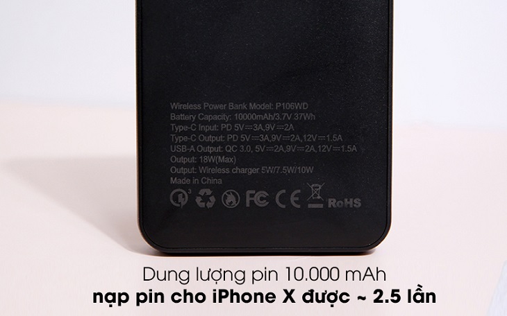 Pin sạc dự phòng không dây Polymer 10.000 mAh Type C PD QC3.0 Xmobile PowerLite P106WD