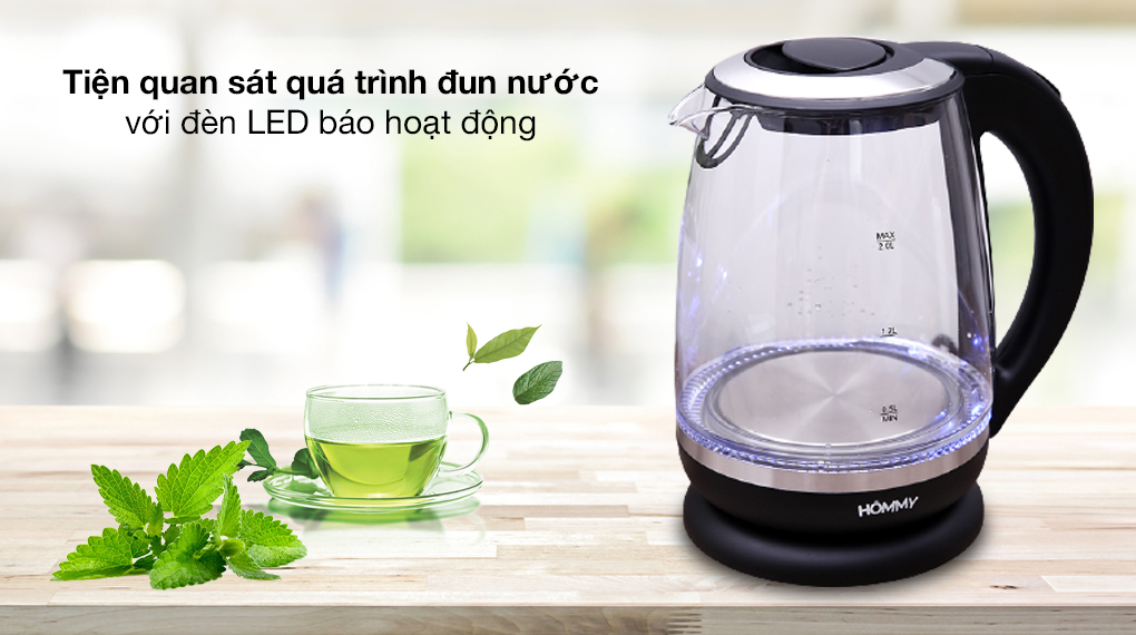 Bình siêu tốc Hommy 2 lít HHB2018 có chất liệu thủy tinh cao cấp