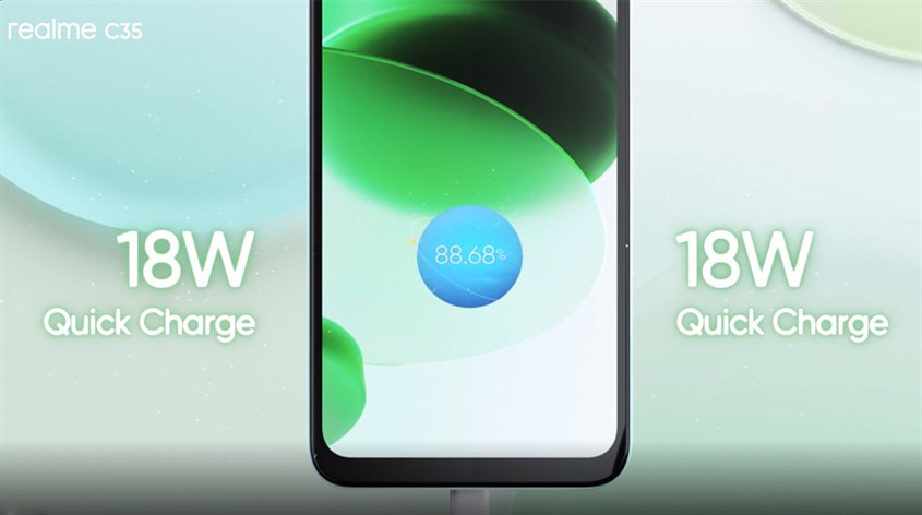 Realme C35 sở hữu công nghệ sạc nhanh với cục sạc 18 W nên chỉ mất 2 - 2.5 giờ để sạc đầy