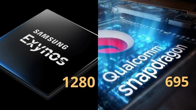 Exynos 1280 có điểm Benchmarks cao hơn Snapdragon 695 nên có hiệu năng mạnh mẽ hơn