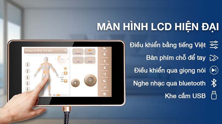 Ghế Massage Makano MKGM-20004 được trang bị màn hình LCD hiện đại, cảm ứng và điều khiển bằng dễ dàng bằng Tiếng Việt