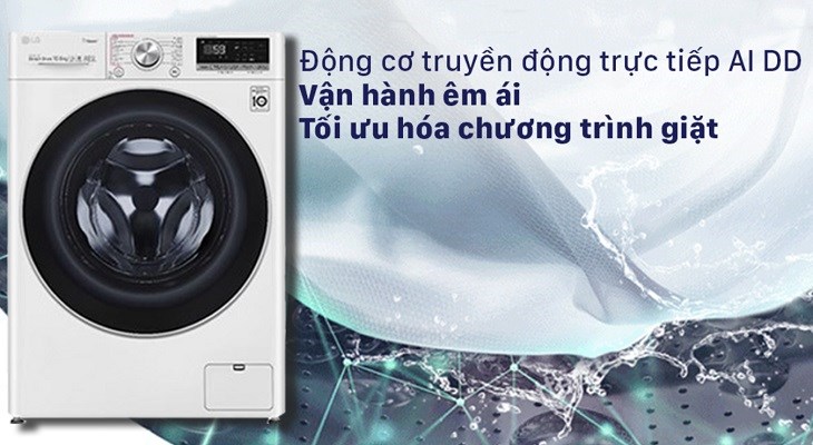 Máy giặt LG Inverter 10.5 kg FV1450S3W2 sử dụng động cơ truyền động trực tiếp AI giúp tối ưu chương trình giặt và vận hành êm ái