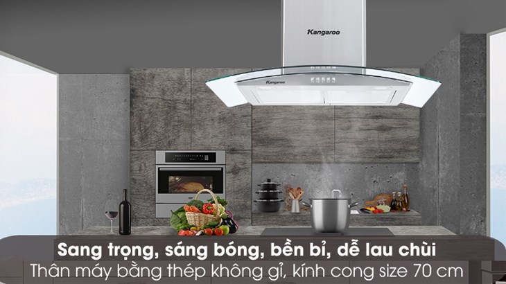 Máy hút mùi kính cong Kangaroo KG538 có thiết kế kính cong cùng thân máy làm bằng thép không gỉ, bền bỉ