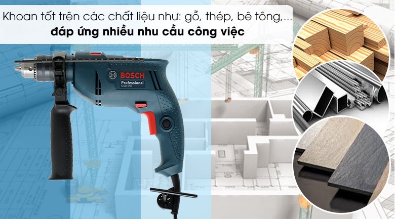 Máy khoan động lực điện Bosch GSB 550 550W khoan được nhiều loại vật liệu khác nhau như: gỗ, thép, bê tông... rất dễ dàng.