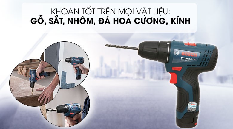 Máy khoan vặn vít dùng pin Bosch GSR 120-LI 12V phù hợp khoan với các vật liệu như gỗ, sắt, nhôm, đá hoa cương, kính.
