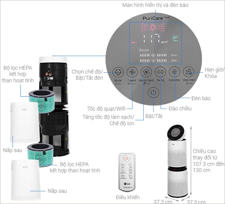 Cấu tạo của máy lọc không khí 2 tầng LG PuriCare AS10GDWH0.ABAE 70W