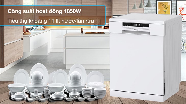 Máy rửa chén độc lập Galanz GR12462T sở hữu công suất 1850W, giúp rửa bát nhanh chóng, hiệu quả