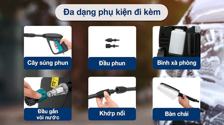 Máy phun xịt rửa áp lực cao Makita HW111 1700W có đa dạng phụ kiện đi kèm
