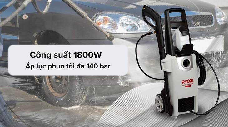 Máy phun xịt rửa áp lực cao Ryobi AJP-1610 1800W có công suất là 1800W và có áp lực phun là 140 bar