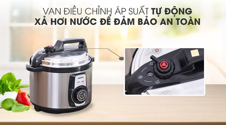 Nồi áp suất điện Philips HD2103/66 5 lít trang bị van xả áp suất cao tự động xả áp khi áp suất trong nồi vượt mức quy định, giúp giảm áp an toàn