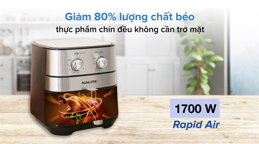 Nồi chiên không dầu Kalite Q5 5 lít có công suất 1700W kết hợp cùng công nghệ Rapid Air giúp thực phẩm chín đều các mặt một cách nhanh chóng