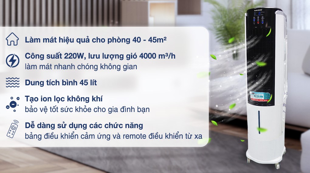 Quạt điều hòa Sunhouse SHD7737 220W kiểu dáng hiện đại, màu sắc trang nhã phù hợp nhiều không gian sống, kèm bánh xe dễ dàng di chuyển