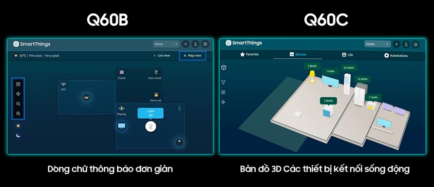 SmartThings của dòng tivi Q60C có thông báo rõ ràng, hiển thị 3D