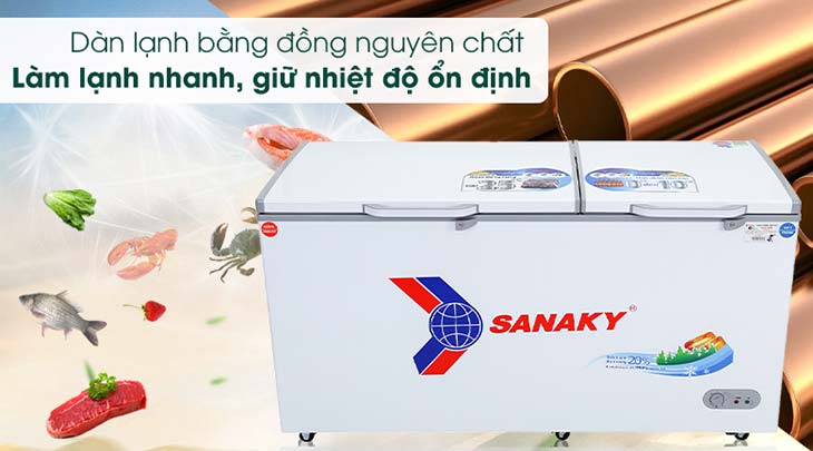 Tủ đông Sanaky 485 lít VH-6699W1 có dàn lạnh bằng đồng nguyên chất giúp làm lạnh nhanh, giữ nhiệt ổn định