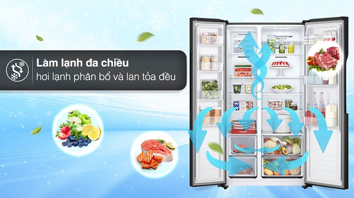 Tủ lạnh LG Inverter 519 lít GR-B256BL trang bị hệ thống làm lạnh đa chiều mang hơi lạnh lan tỏa nhanh chóng và đồng đều