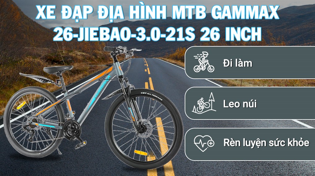 Xe Đạp Địa Hình MTB Gammax 26-Jiebao-3.0-21S 26 inch có trọng lượng 20.5kg, không phù hợp di chuyển ở địa hình bằng phẳng