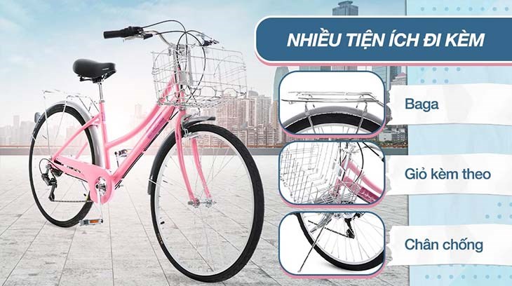 Xe đạp đường phố cổ điển City Phoenix YUMO 26 inch có nhiều tiện ích đi kèm như baga, giỏ kèm theo, chân chống