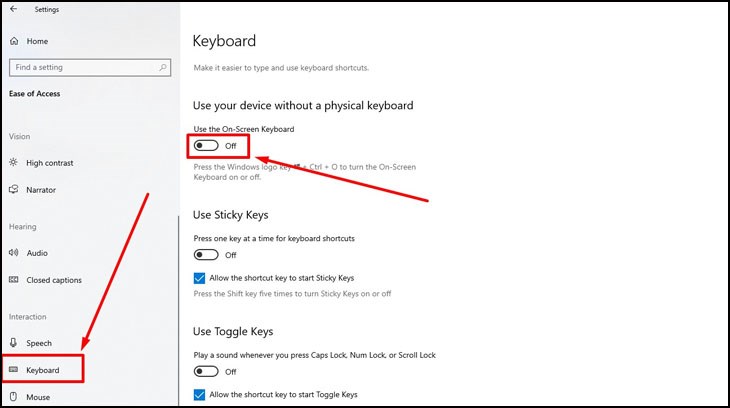 Chọn Keyboard trong mục Interaction