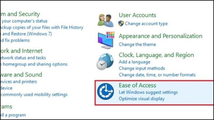 Click chọn Ease of Access và chọn tiếp Ease of Access Center