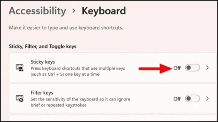Khi Sticky keys được bật, thì công tắc bên cạnh sẽ ở chế độ On