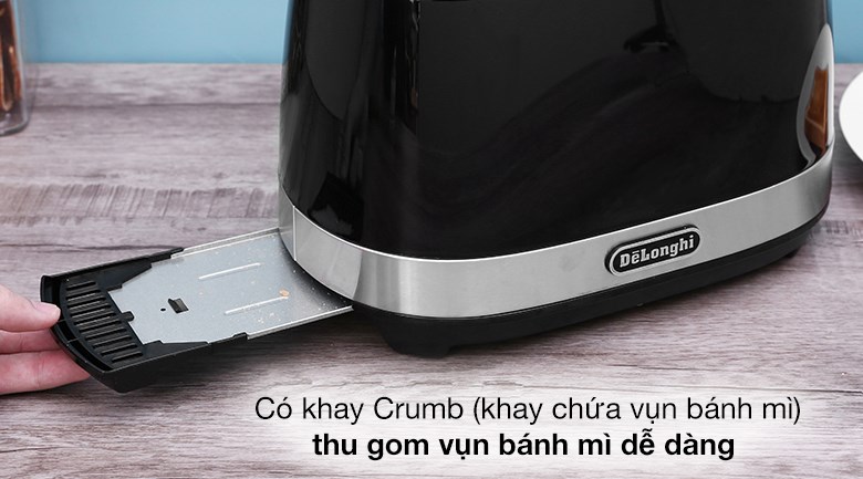 máy nướng bánh mì Delonghi có khay Crumb (khay chứa vụn bánh mì) hỗ trợ thu gom vụn bánh mì dễ dàng