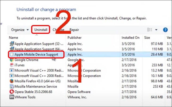 Bạn gỡ cài đặt Apple Mobile Device Support