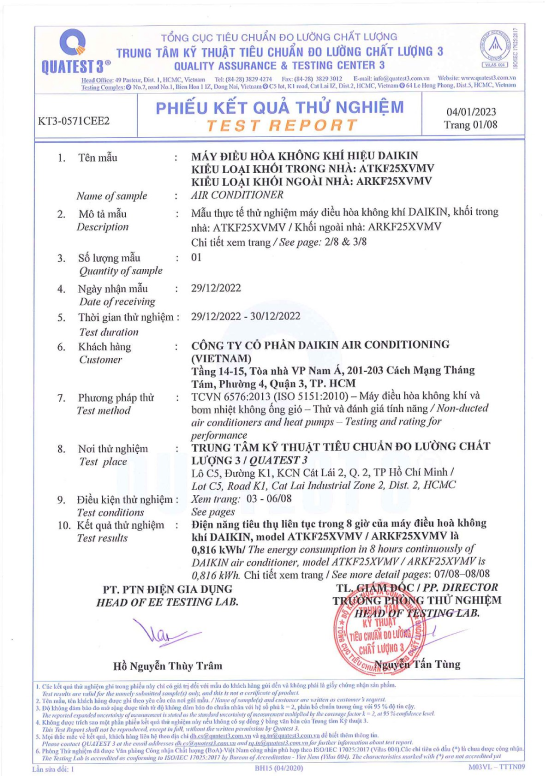 Phiếu kết quả thử nghiệm của Quatest 3 trên dòng máy lạnh ATKF