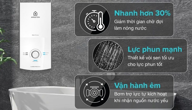 Máy nước nóng trực tiếp Ariston 4500W AURES PREMIUM 4.5P PEARL được trang bị bơm trợ lực cho lực nước phun ổn định