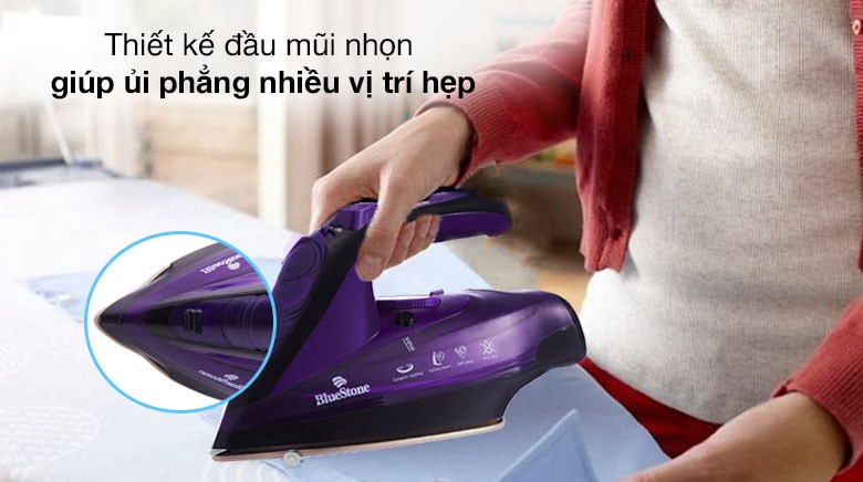 Bàn ủi hơi nước không dây BlueStone SIB-3854 2400W với thiết kế đầu bàn ủi mũi nhọn, dễ dàng ủi ở những khu vực hẹp và khó khăn nhất