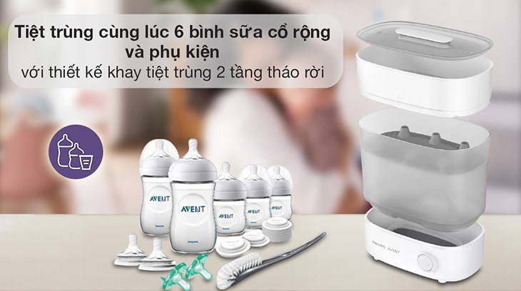 Máy tiệt trùng bình sữa Philips Avent có 2 khay hấp tiện lợi, hỗ trợ tiệt trùng bình sữa và các đồ dùng khác của bé