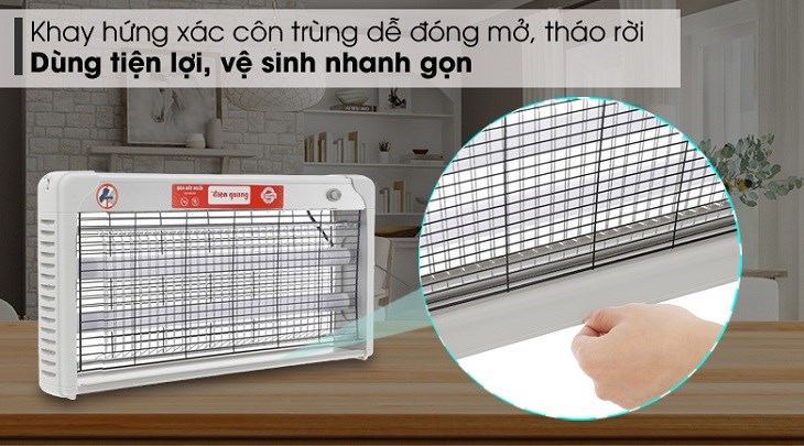 Đèn bắt muỗi Điện Quang ĐQ EML05L sở hữu lưới bảo vệ, lưới điện, bóng đèn dễ tháo rời, tạo sự thuận tiện cho việc vệ sinh, làm sạch đèn