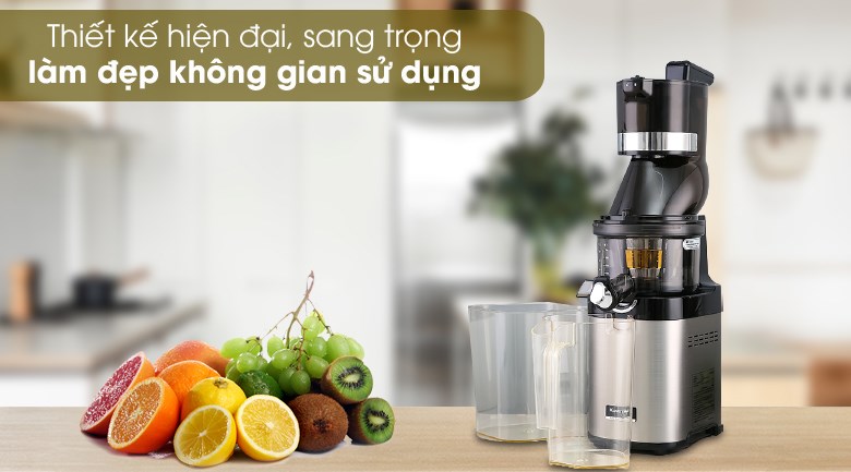 Máy ép chậm Kuvings CS600 sở hữu thiết kế hiện đại, mang tông màu chủ đạo xám bạc, đen